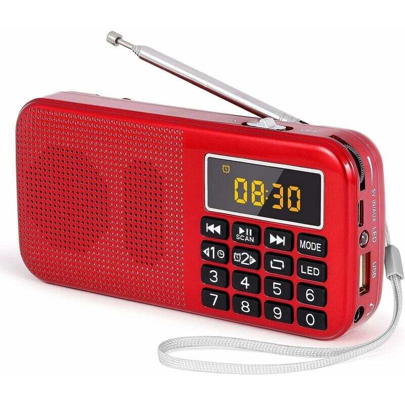 INHHUB Tragbares Radio, UKW-Radio mit wiederaufladbarem Akku mit großer Kapazität (3000 mAh), unterstützt MP3 / SD / USB / AUX, Rot