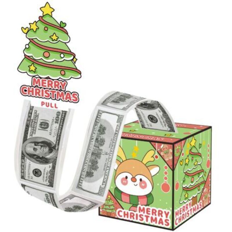 Geldziehbox mit Plastikfolie (Weihnachtsmotiv): Rentier, Weihnachtsbaum, Überraschungsgeschenk