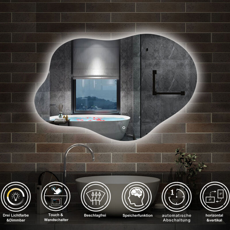 Rahmenloser Wandspiegel Badspiegel mit Beleuchtung Unregelmiger Spiegel Asymmetrischer Spiegel 3 Farben des Lichts, Dimmbar,
