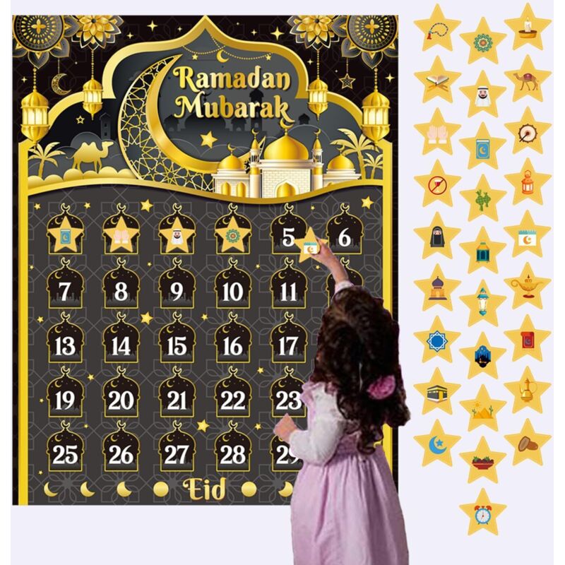 Ramadan-Adventskalender für Kinder, Ramadan-Countdown 2024 für Kinder, Ramadan-Countdown-Kalender für Ramadan-Spiele, mit 30 Sticker-Sternen