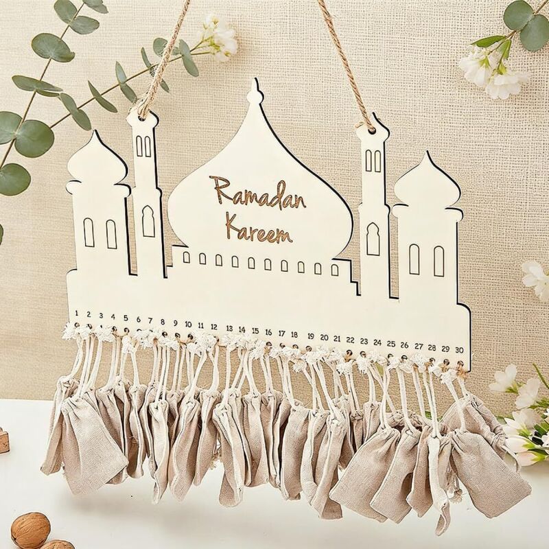 Ramadan-Kalender aus Holz, Ramadan-Countdown-Kalender mit 30 Stoffbeuteln, Countdown-Kalender aus Holz, Heimdekoration für Ramadan und Eid, Geschenk
