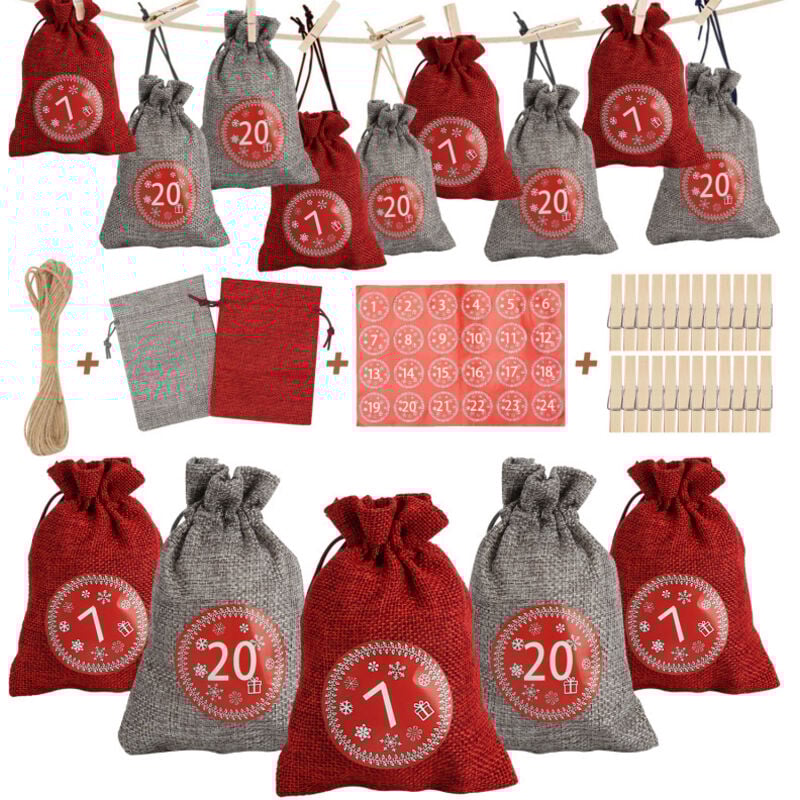 Randaco - swanew 24 Adventskalender zum Befüllen, Adventskalender Stoffbeutel Säckchen mit 1-24 Sackleinen Taschen Jutesäckchen,Rot/Grau
