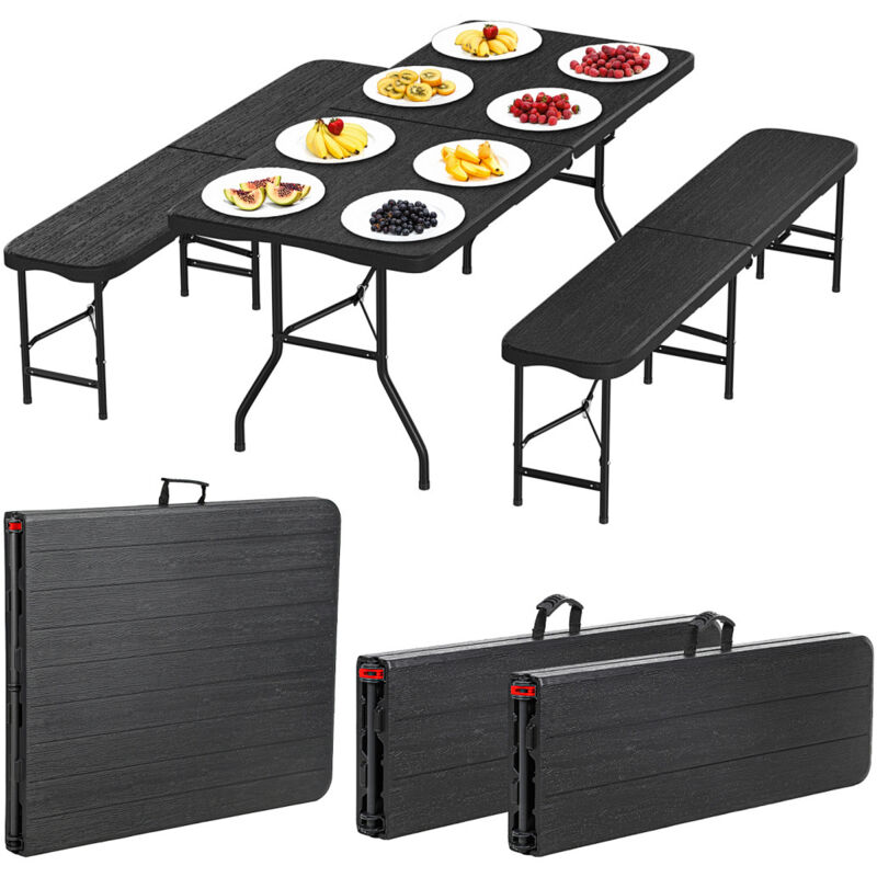 Randaco Bierzeltgarnitur 3-tlg., Tisch+2 Bänke, klappbar, Holzoptik-Look Schwarz – 180 x 74 x 74 cm – Gartenmöbel-Set Festzeltgarnitur Sitzgarnitur