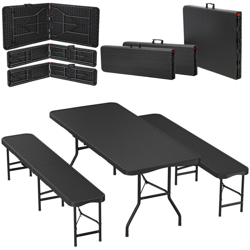Randaco Bierzeltgarnitur 3-tlg., Tisch+2 Bänke, klappbar, Rattan-Look Schwarz – 180 x 74 x 74 cm – Gartenmöbel-Set Festzeltgarnitur Sitzgarnitur