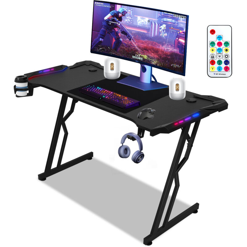Randaco Gaming Tisch 140 cm LED Gaming Schreibtisch Computertisch in Z-Form Gaming Table PC Tisch Schreibtisch mit Mausunterlage Getränkehalter und