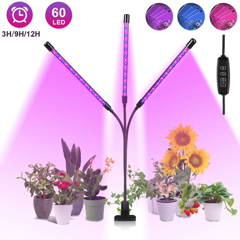Randaco Pflanzenlampe LED Vollspektrum Pflanzenlicht 60 LEDs 3 Köpfe Grow Lampe Pflanzenleuchte Wachstumslampe für Pflanzen, 10 Dimmstufen LED Grow
