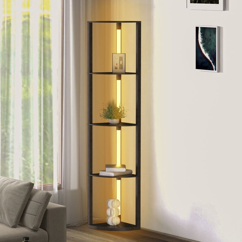 Randaco Stehlampe regal, Fächerförmige Regale Stehleuchte Leselampe Holz 4-Regal Dimmbare LED, 163cm Mit Fernbedienung Schwarz