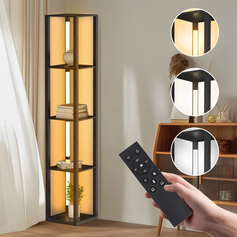 Randaco Stehlampe regal, Quadratische Regale Stehleuchte Leselampe Holz 4-Regal Dimmbare LED, 163cm Mit Fernbedienung Schwarz