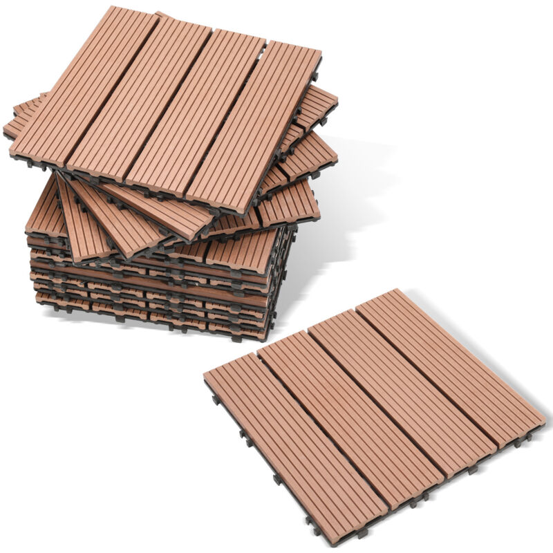 Randaco WPC Terrassenfliesen 1 m², 30 x 30 cm 11 Stücke, Terrassendielen mit 4 Latten in Holzoptik, für Garten Balkon Bodenbelag mit Drainage und