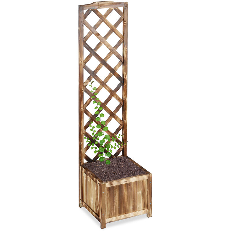 Relaxdays Rankkasten mit Rankgitter, wetterfest, Holz, für Balkon, Garten, Rosen, 25 L Kübel, 147 cm Rankhilfe, gebrannt