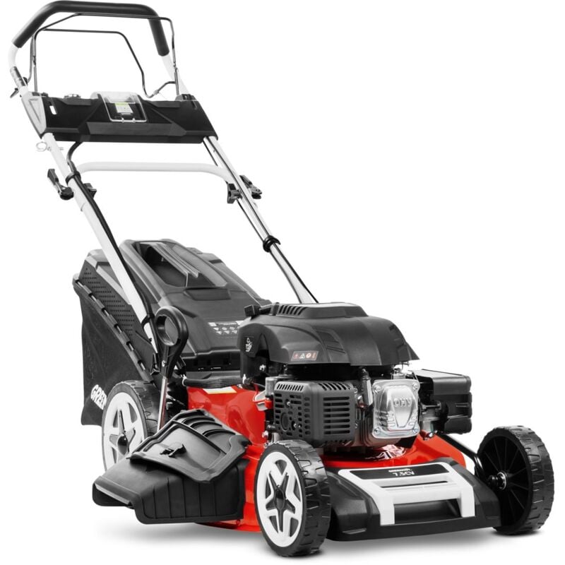 Rasenmäher Benzin 224cc 7,5 ps, Elektrostart 4-Takt-Selbstfahrer, 530mm zweischneidiges Stahlmesser 21', einstellbare Schnitthöhe und 65L Korbvolumen