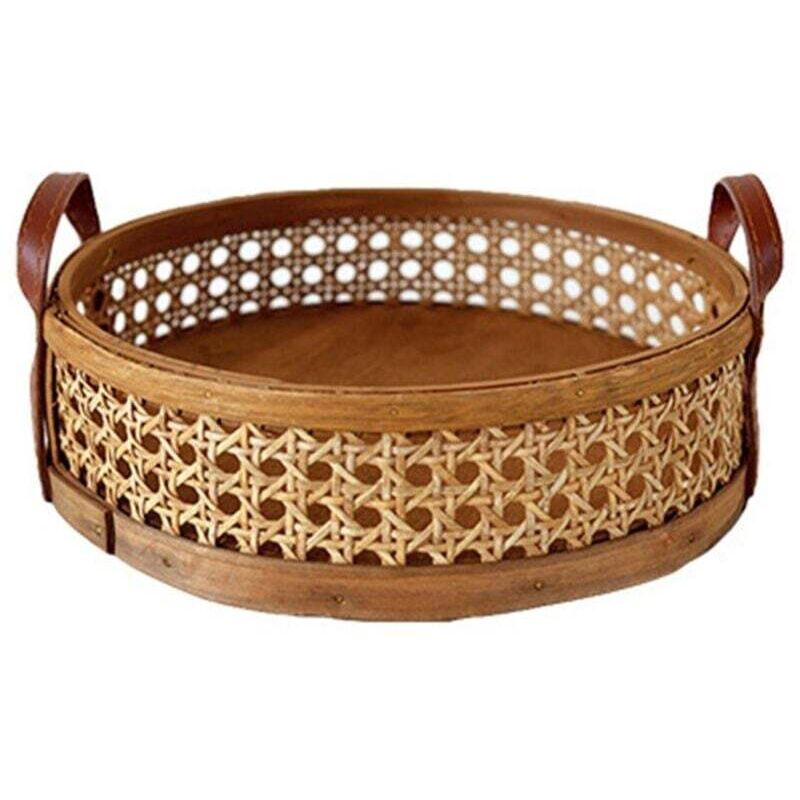 Rattan Gewebter Aufbewahrungskorb Home Wohnzimmer Runder Obst-/Brot-Platzierungstablett-Organizer Atmungsaktives Büro-Braun