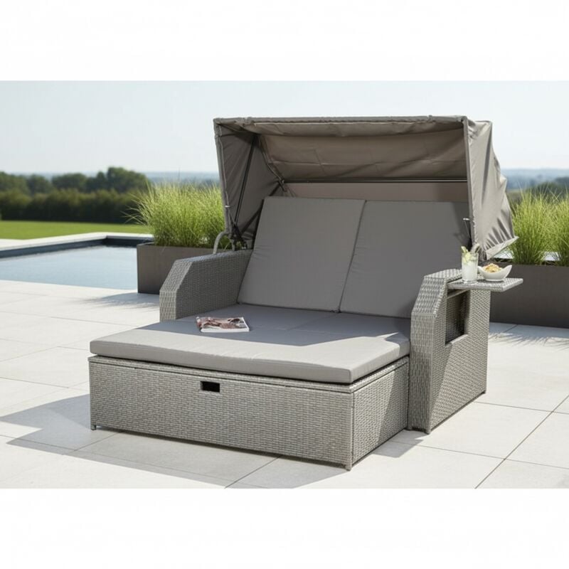 Mucola - Rattan Sonnenbett Grau Dach Rattan Strandkorb Sonnenliege Liegebett Relaxliege