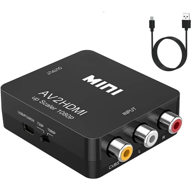 RCA-zu-HDMI-Konverter, AV-zu-HDMI-Mini-1080p-Composite-Audio-Video-Adapter, PAL/NTSC-kompatibel für TV/PC/PS3/DVD-/Blu-ray-Player, Schwarz