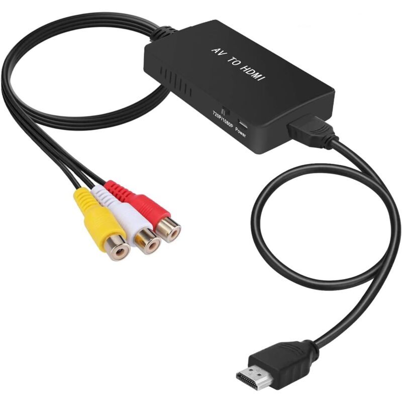RCA-zu-HDMI-Konverter, Composite-zu-HDMI-Adapter, kompatibel mit PS One, PS2, PS3, Set-Top-Boxen, Xbox, VHS-, Videorecorder- und Blu-ray-DVD-Playern