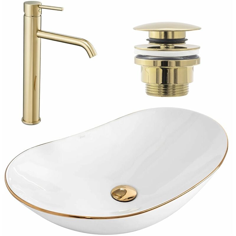 REA - set von aufsatzwaschbecken royal gold edge + waschbeckenarmatur lungo gold + stöpsel gold