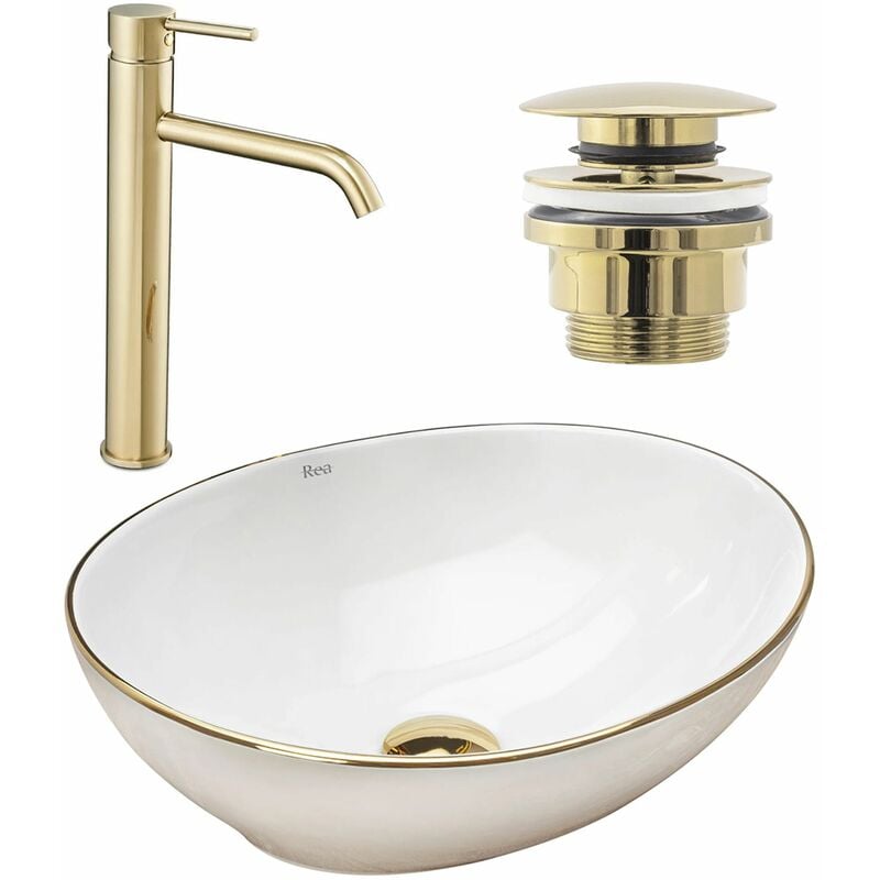 REA - set von aufsatzwaschbecken sofia gold edge + waschbeckenarmatur lungo gold + stöpsel gold