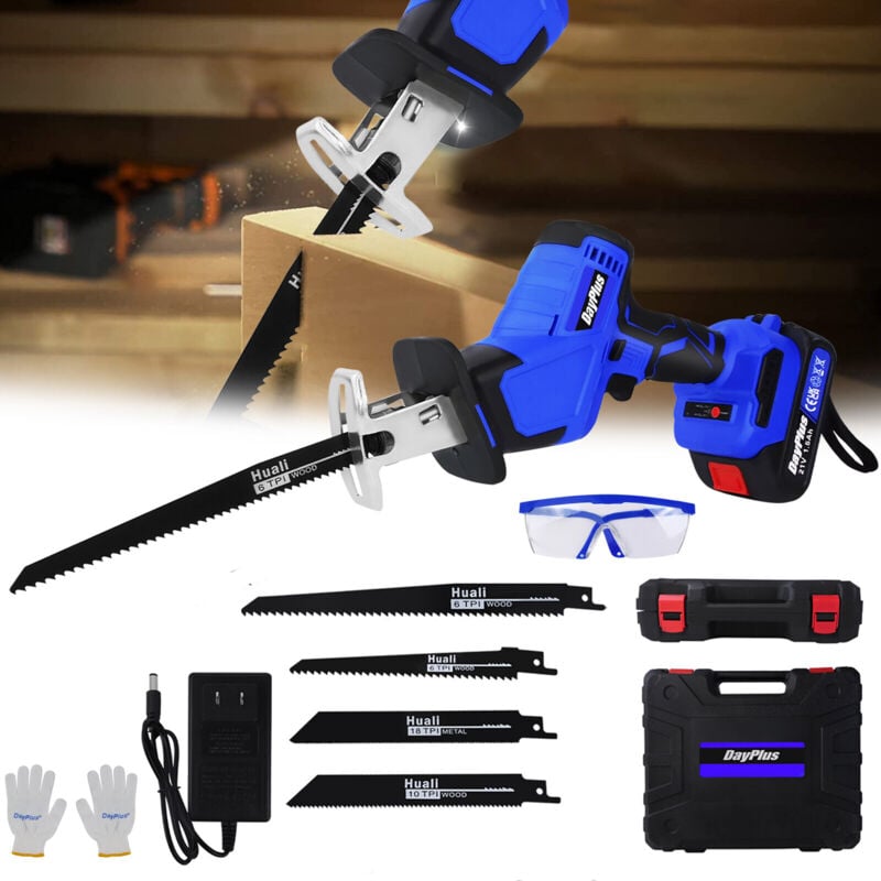Dayplus - Reciprocating Saw mit 1x Lithium-Ionen-Batterie und einem Ladegerät, No-Load Speed Akku elektrische Reciprocating Saw, 4-Blatt elektrische