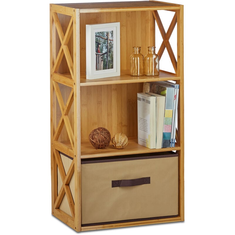 Regal Bambus mit Korb, 3 Ablagen, Holz Standregal, Badregal, Faltbox, HxBxT: 80 x 42 x 29 cm, natur braun - Relaxdays