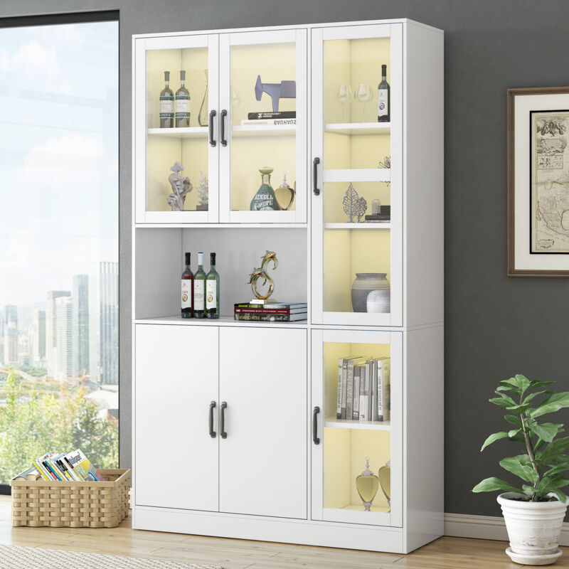 Weiße Vitrine, Regale mit Türen, Standregale für Bücher, großes Küchen-Sideboard, Aufbewahrungsschrank, luxuriöses Bücherregal mit LED-Licht, Vitrine