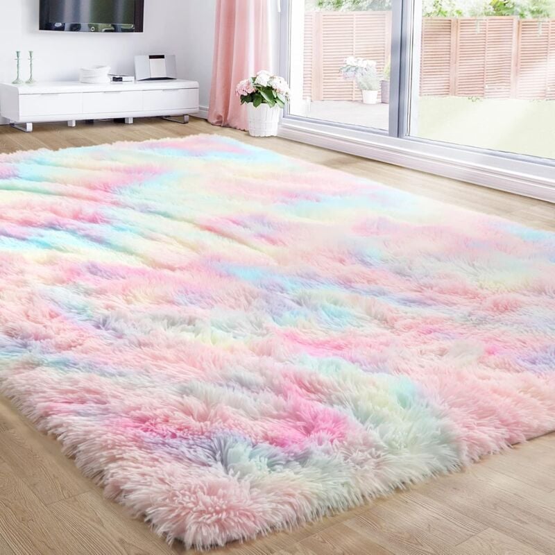 Odipie - Regenbogen-Shaggy-Teppich, bunter rechteckiger Shaggy-Teppich mit Batikmuster, weicher, rutschfester Teppich für Schlafzimmer, Nachttisch,