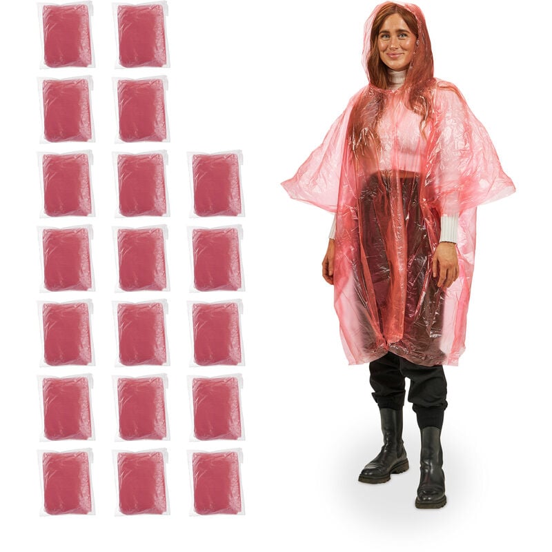 Regenponcho, 20er Set, Einweg Regencape mit Kapuze, Wandern, Festival, Notfallponcho für Damen & Herren, rot - Relaxdays