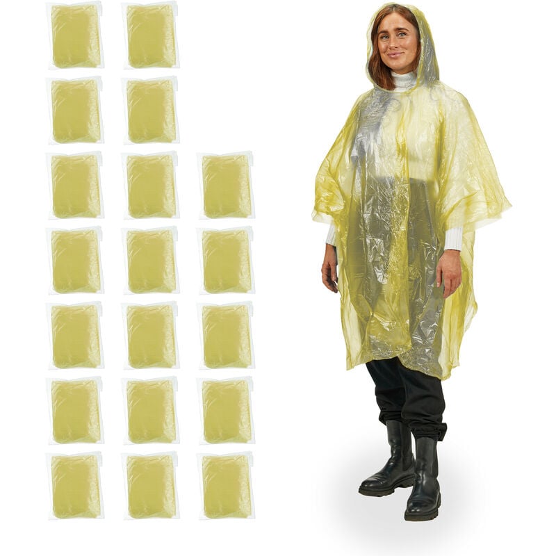Relaxdays Regenponcho, 20er Set, Einweg Regencape mit Kapuze, Wandern, Festival, Notfallponcho für Damen & Herren, gelb