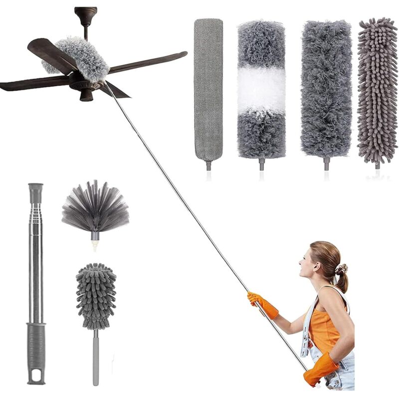 Reinigungsset aus Mikrofaser-Teleskop-Staubwedel mit abwaschbarem Edelstahlgriff, abnehmbaren Köpfen, Staubbürste für Deckenvorhänge, Ventilatoren,