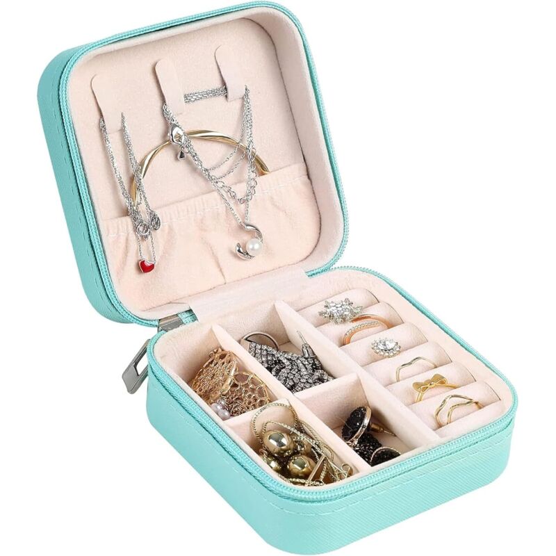 Reise-Schmuckkästchen, kleines Schmuckkästchen für Damen, Reise-Schmucketui, Schmuckaufbewahrung aus PU-Leder für Ringe, Ohrringe, Halsketten (Blau)
