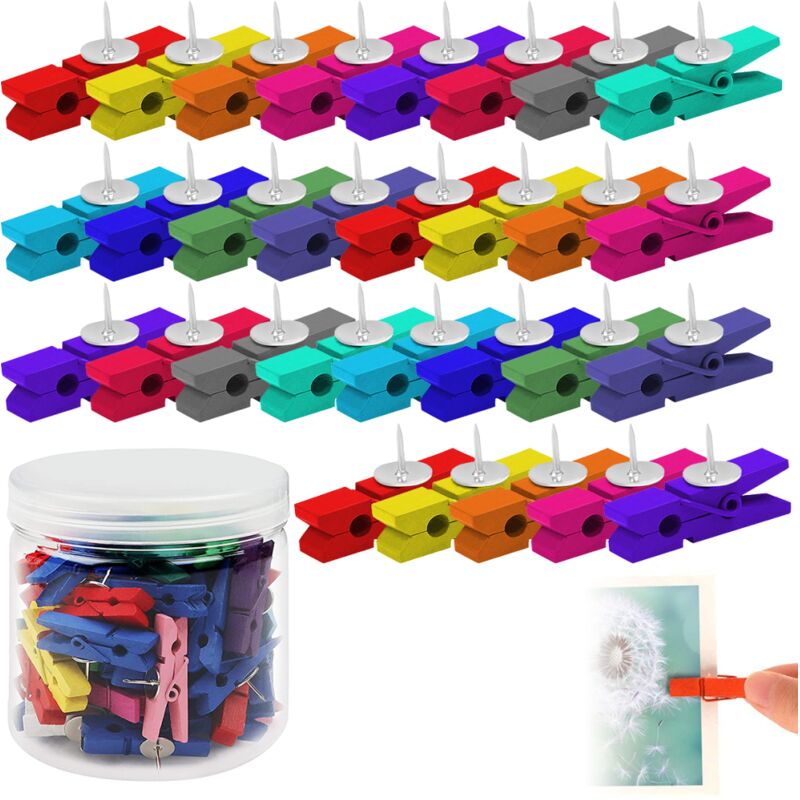 Reißzwecken mit Holzclips (50 Stück) - Bunt - Ideal für Pinnwände, Zeichnungen, Notizen, Fotos und Bastelarbeiten