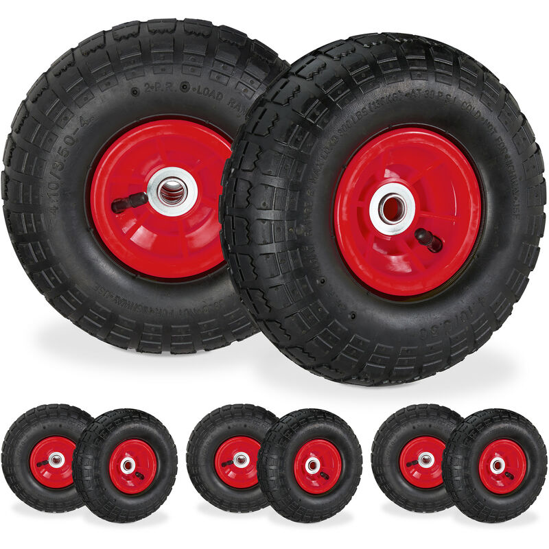 8 x Sackkarrenrad 4.1/3.5-4, luftbereifte Ersatzräder für Bollerwagen, für 16 mm Achse, 136 kg, 260x85mm, schwarz-rot