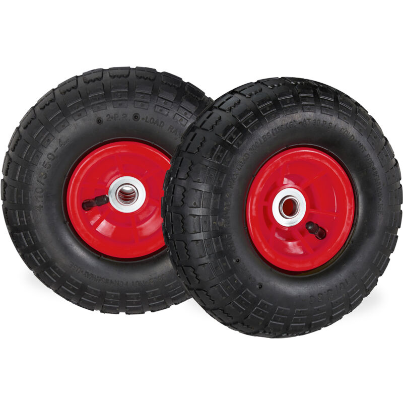 Relaxdays - 2x Sackkarrenrad 4.1/3.5-4, luftbereifte Ersatzräder für Bollerwagen, 16mm Achse, 136kg, 260x85mm, schwarz-rot