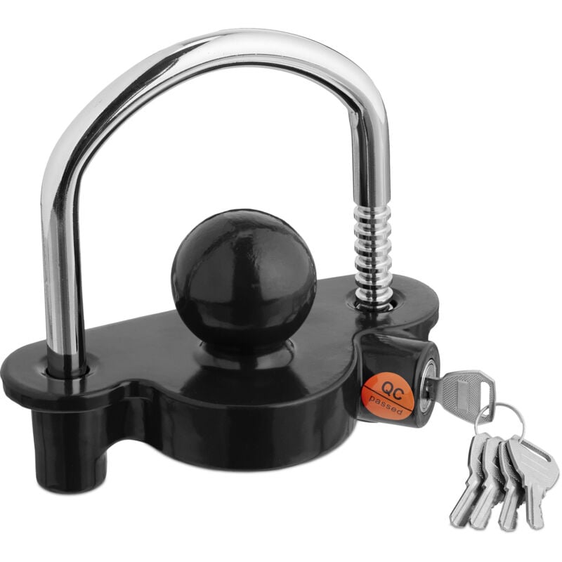 Relaxdays - Anhängerschloss für Kupplungen, 5 Schlüssel, Diebstahlschutz Pkw- & Pferdeanhänger, Wohnwagen, schwarz/silber