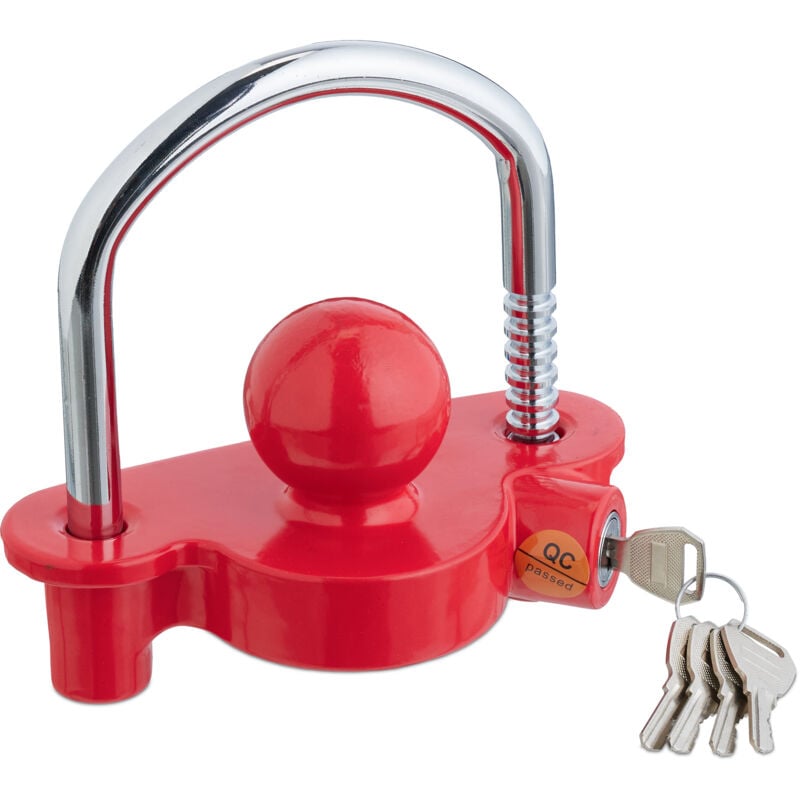 Relaxdays Anhängerschloss für Kupplungen, 5 Schlüssel, Diebstahlschutz Pkw- & Pferdeanhänger, Wohnwagen, rot/silber