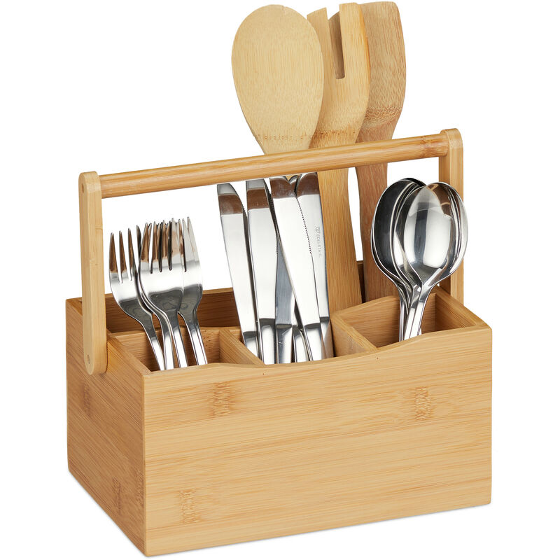 Relaxdays - Besteckhalter Bambus, 4 Fächer, Henkel, Küchenutensilienhalter, Tischbutler für Besteck & Servietten, natur