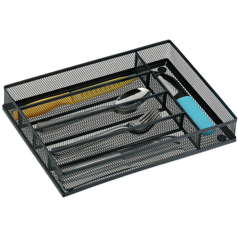 Relaxdays Besteckkasten für Schubladen, HBT: 5x23,5x32 cm, Besteck Organizer, 5 Fächer, Bestecklade, Metall, anthrazit