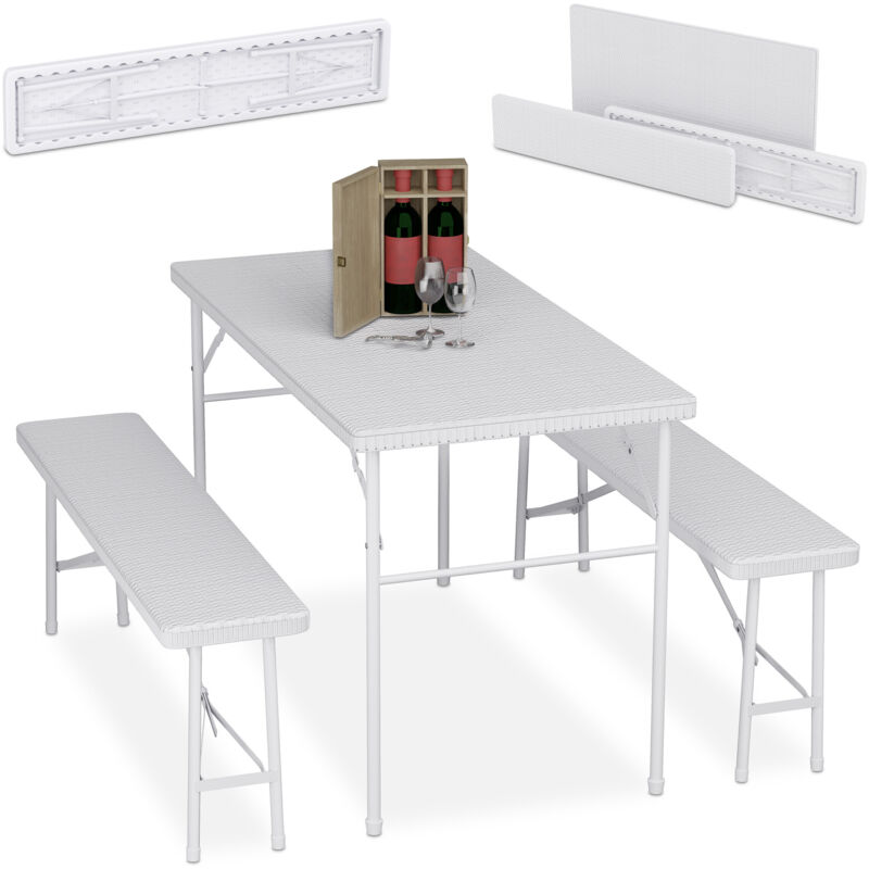 Bierzeltgarnitur klappbar, 3-tlg. Bierbank Set mit großem Tisch, Garten, Festzeltgarnitur, Rattanoptik, weiß - Relaxdays