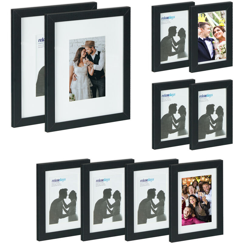 Relaxdays Bilderrahmen 10er Set, verschiedene Größen, Bildercollage, zum Aufhängen oder Hinstellen, Fotorahmen, schwarz