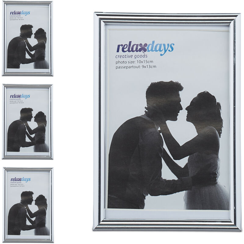 4 x Bilderrahmen 10 x 15 cm, modernes Design, zum Hinstellen oder Aufhängen, dekorativer Fototischaufsteller, silber