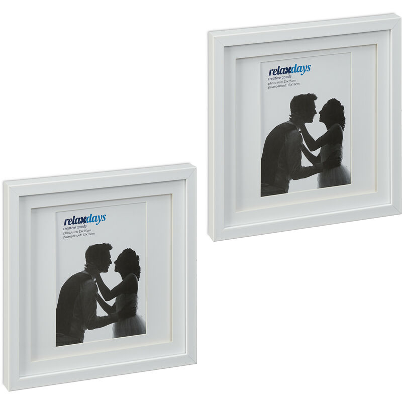 Relaxdays Bilderrahmen 2er Set, 25x25 cm, quadratisch, Fotorahmen zum Aufhängen oder Hinstellen, Passepartout, weiß
