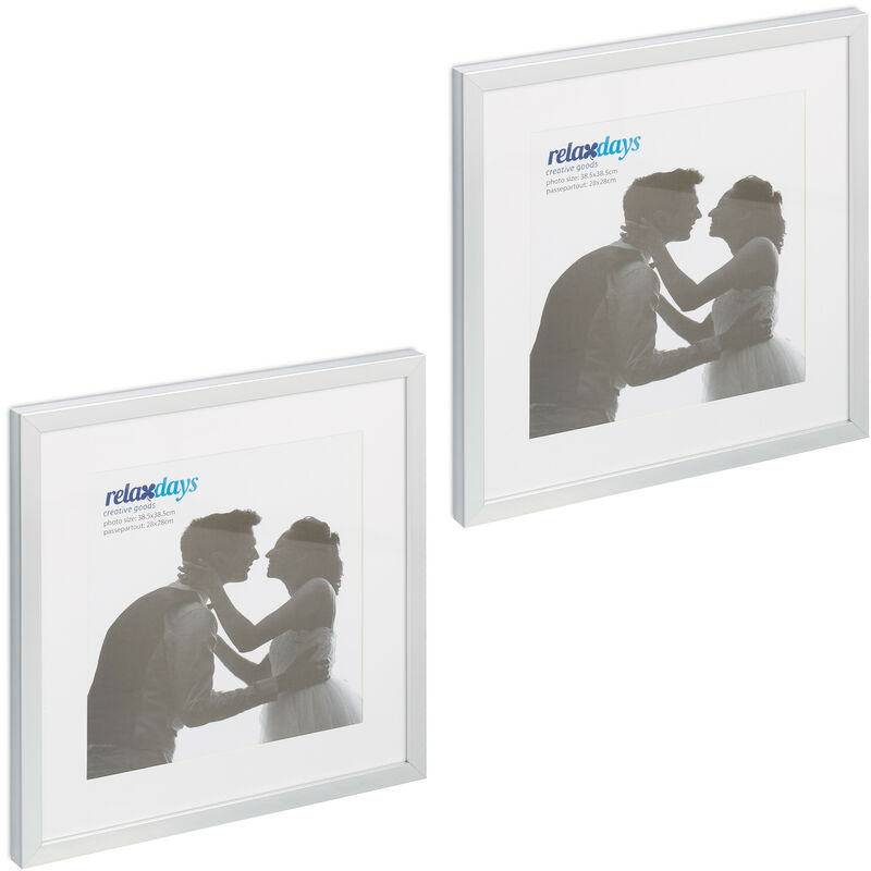 Relaxdays Bilderrahmen 2er Set, 38,5x38,5 cm, quadratisch, Fotorahmen, Aufhängen oder Hinstellen, Passepartout, silber