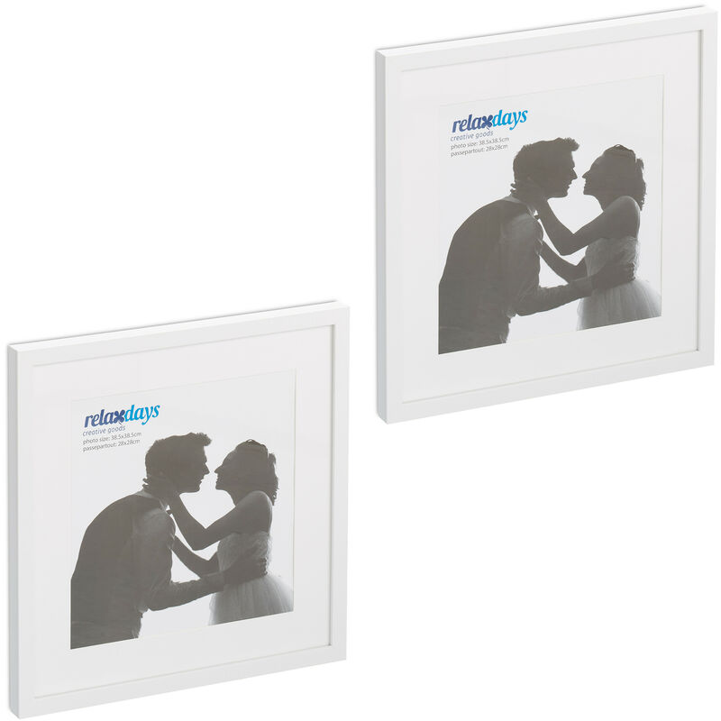 Relaxdays Bilderrahmen 2er Set, 38,5x38,5 cm, quadratisch, Fotorahmen, Aufhängen oder Hinstellen, Passepartout, weiß