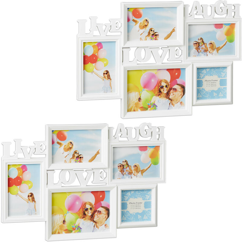 2 x Bilderrahmen Live Love Laugh, für 5 Bilder verschiedener Größen, 3D Collage mehrere Fotos, HxB: 31x45,5 cm, weiß