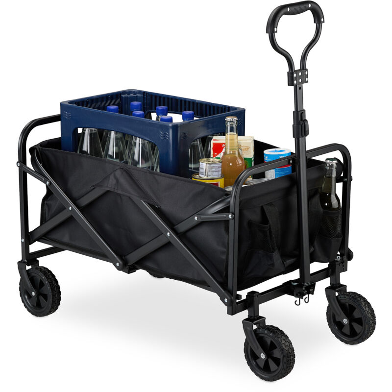 Bollerwagen, faltbar, 100 kg, Teleskopgriff, Gummireifen, Transportwagen Einkauf, Camping, Strand, schwarz - Relaxdays