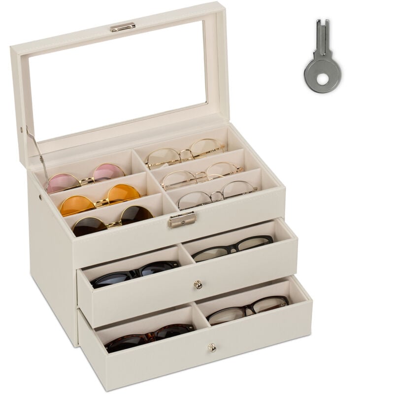 Brillenbox, 18 Brillen, Lederoptik, Samtbezug, Glasfenster, HxBxT: 22,5 x 33,5 x 19 cm, Brillenkoffer, weiß - Relaxdays