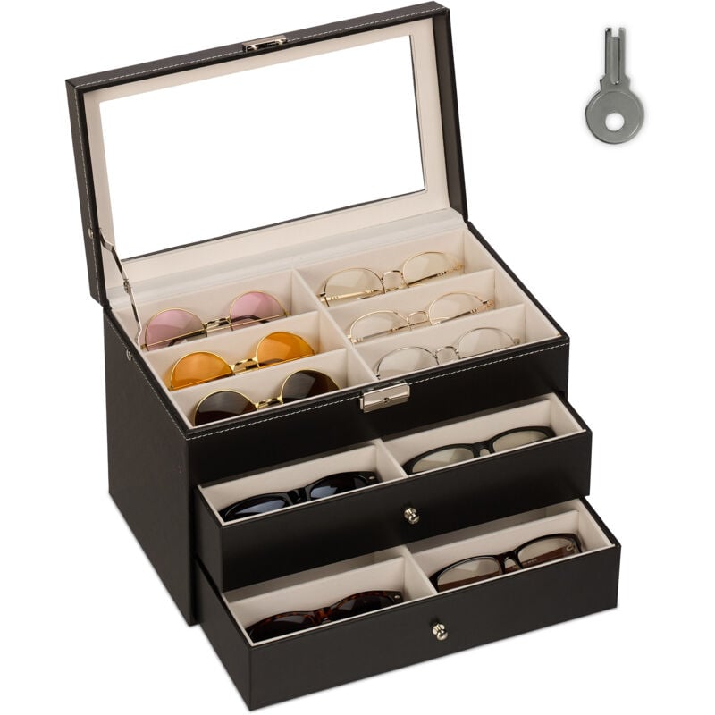 Brillenbox, 18 Brillen, Lederoptik, Samtbezug, Glasfenster, HxBxT: 22,5 x 33,5 x 19 cm, Brillenkoffer, schwarz - Relaxdays