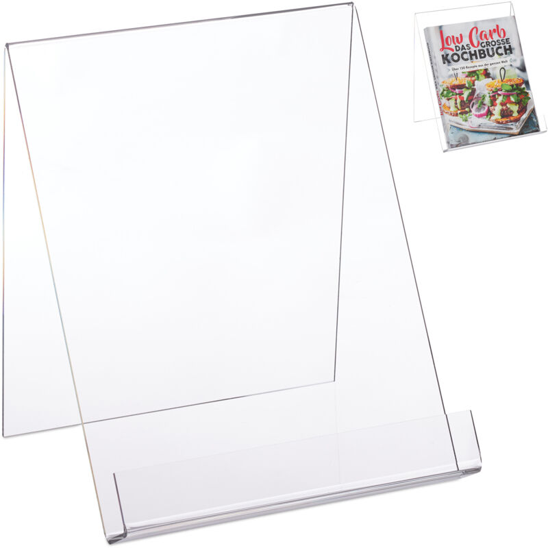 Relaxdays - 2 x Buchaufsteller A4, Acryl Buchständer für große Bücher, stabil, Leseständer HxBxT 24 x 21 x 19 cm, durchsichtig