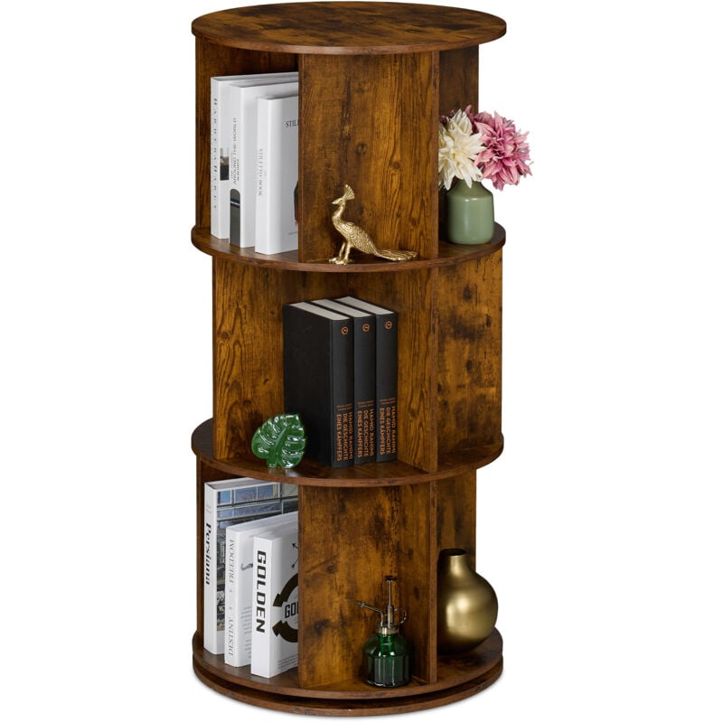 Relaxdays - Bücherregal drehbar, 15 Fächer, h x d: 104 x 50 cm, Industrial, Drehregal für Bücher & DVDs, Bücherturm, braun