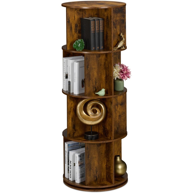 Relaxdays - Bücherregal drehbar, 20 Fächer, h x d: 137 x 50 cm, Industrial, Drehregal für Bücher & DVDs, Bücherturm, braun