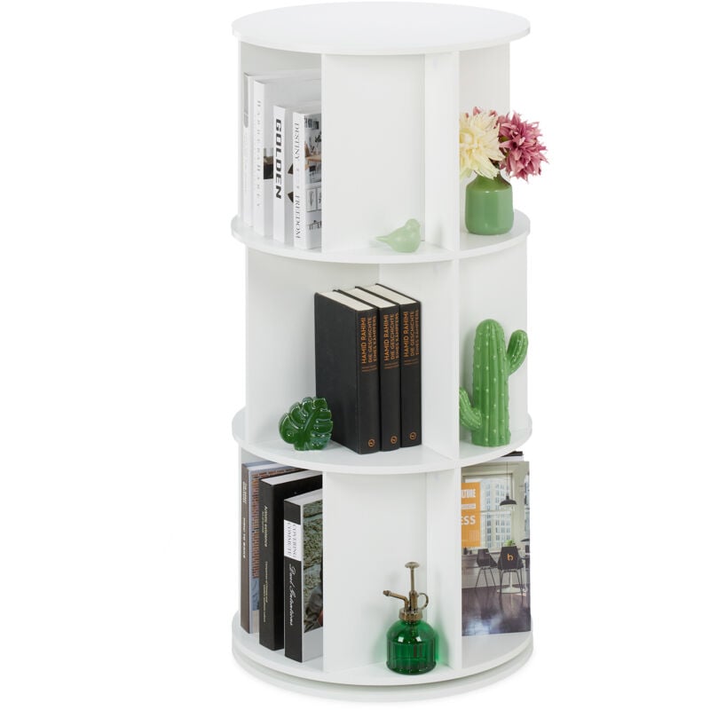 Relaxdays Bücherregal drehbar, 15 Fächer, HxD: 104x50 cm, 3 Etagen, Drehregal für Bücher & DVDs, Bücherturm, MDF, weiß